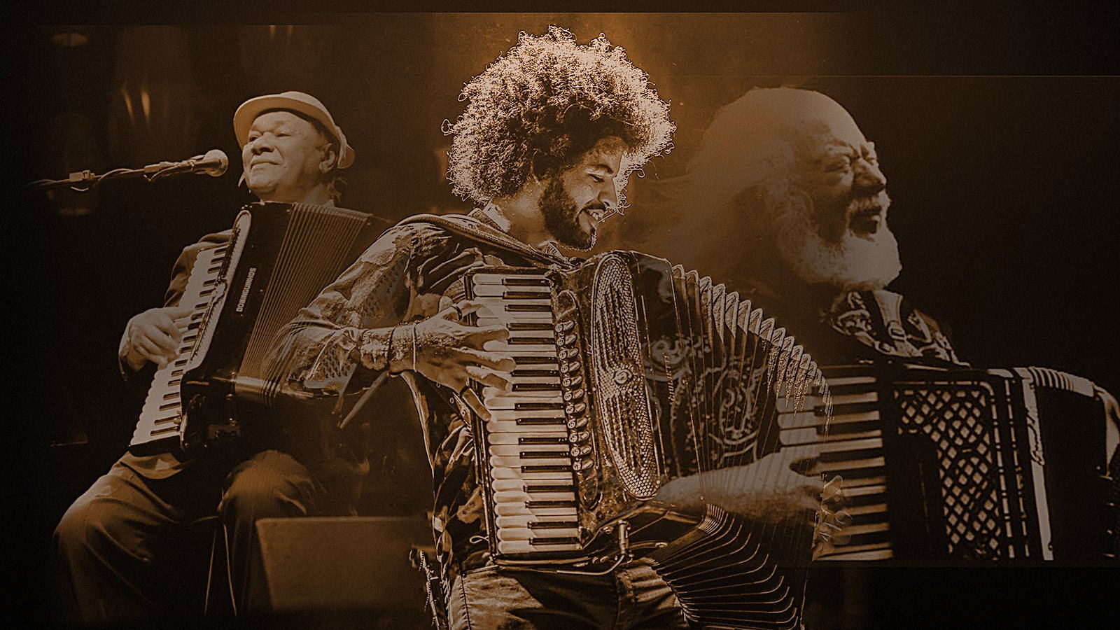Dominguinhos, Mestrinho e Sivuca tocando sanfona juntos em um palco em tons de cobre, a linhagem do forró